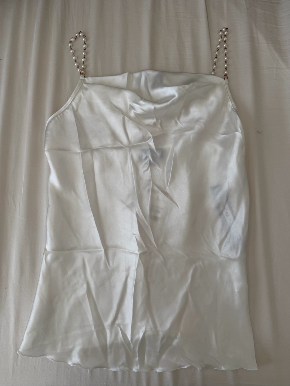 Nicole Miller White Satin Cowl Neck Tank with Pearl Straps